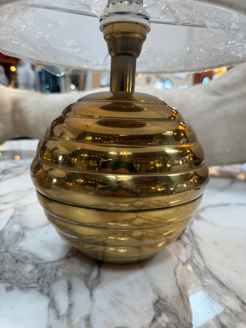 Pair of Brass Ribbed Base Table Lamps with Drum Shades