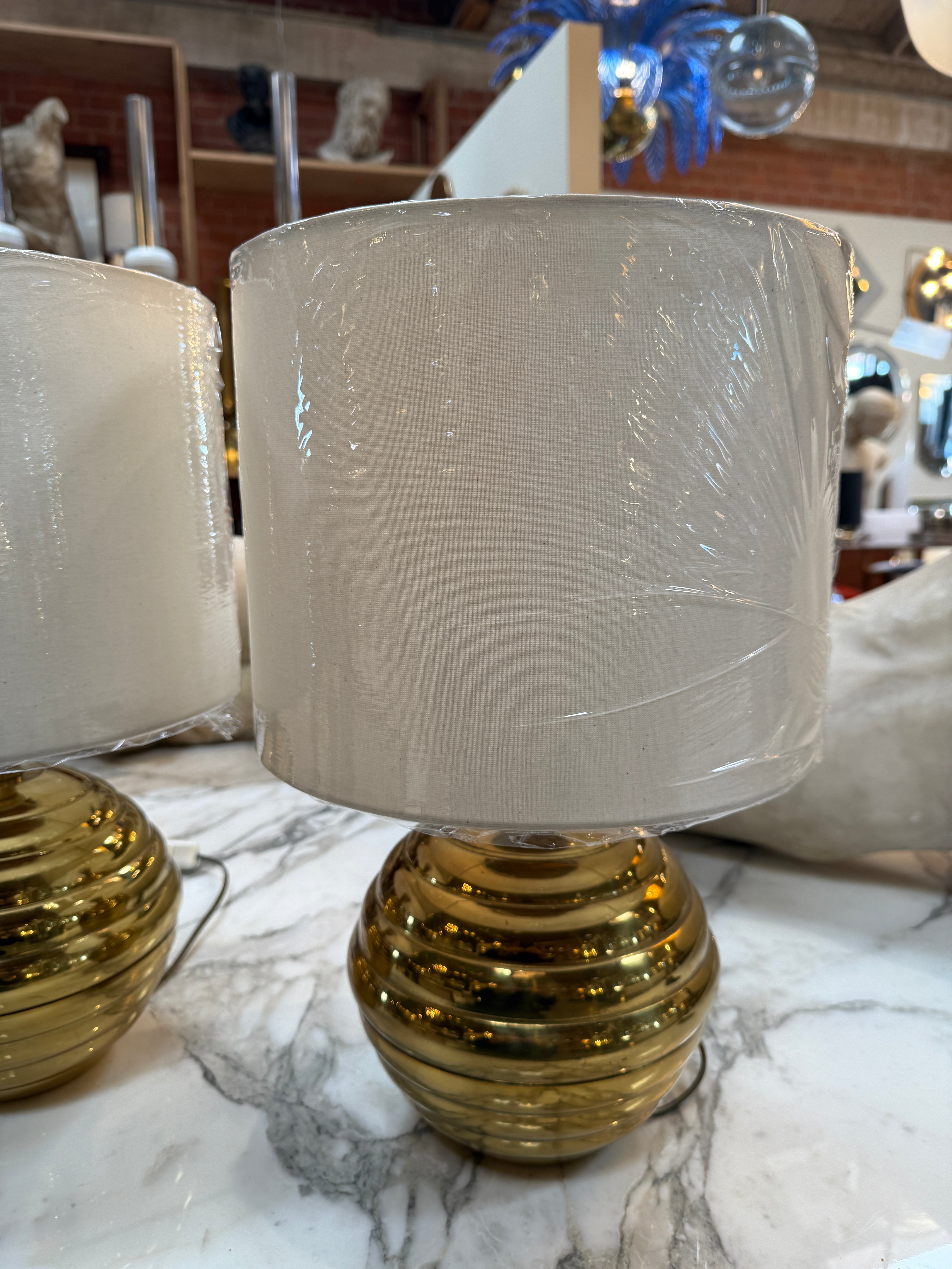 Pair of Brass Ribbed Base Table Lamps with Drum Shades