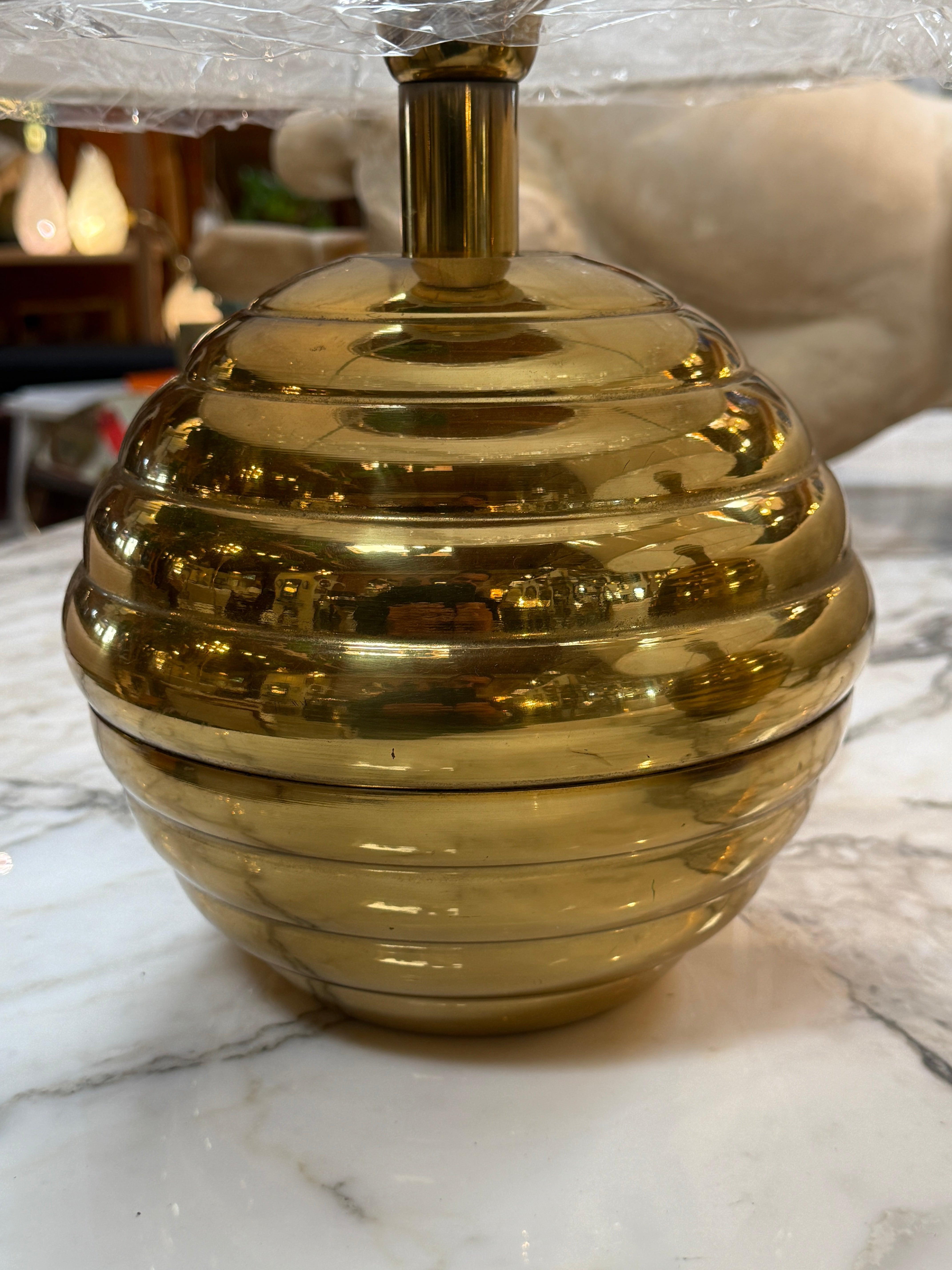 Pair of Brass Ribbed Base Table Lamps with Drum Shades