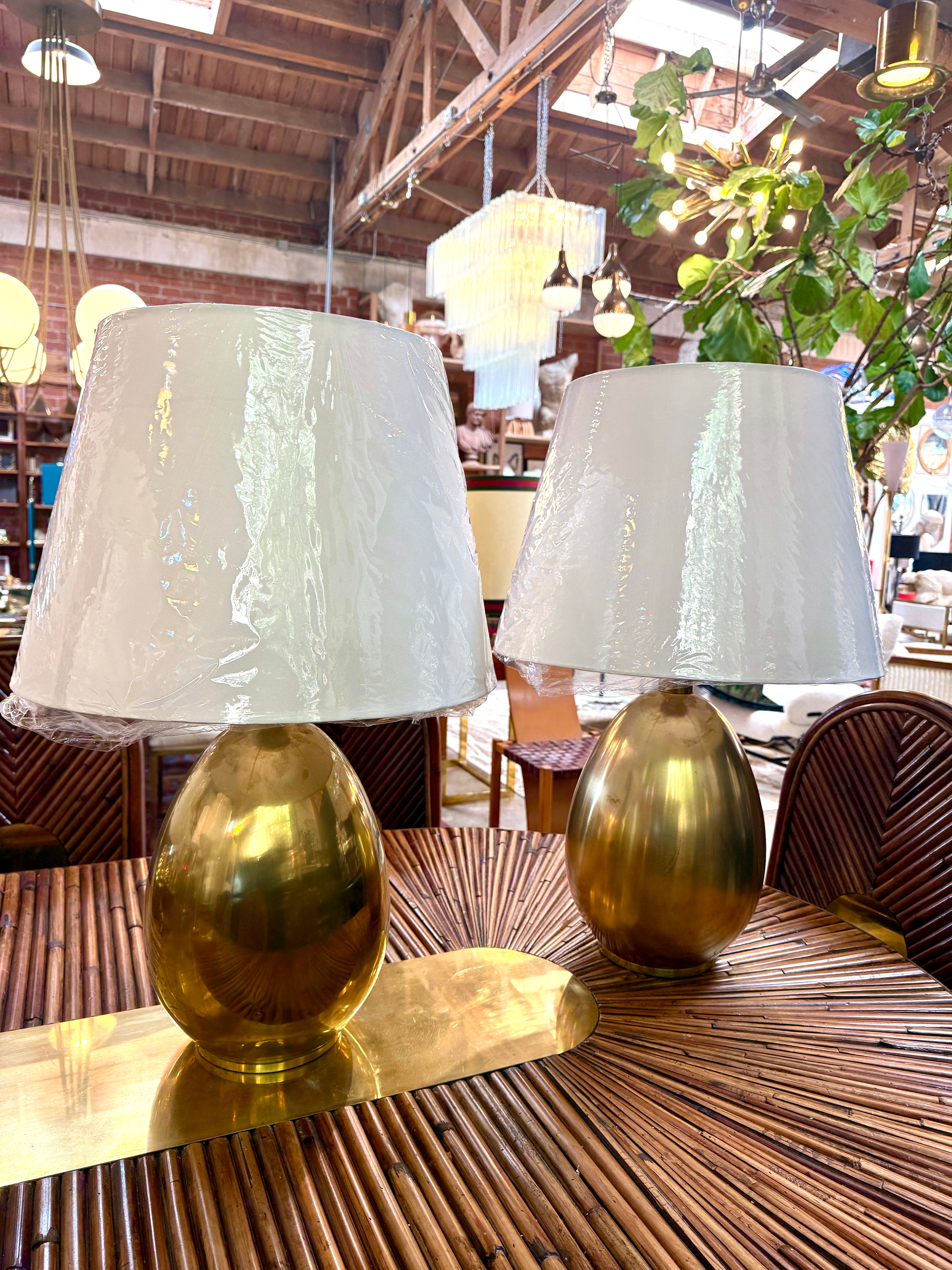 Pair of Brass Table Lamps with Cream Fabric Shades
