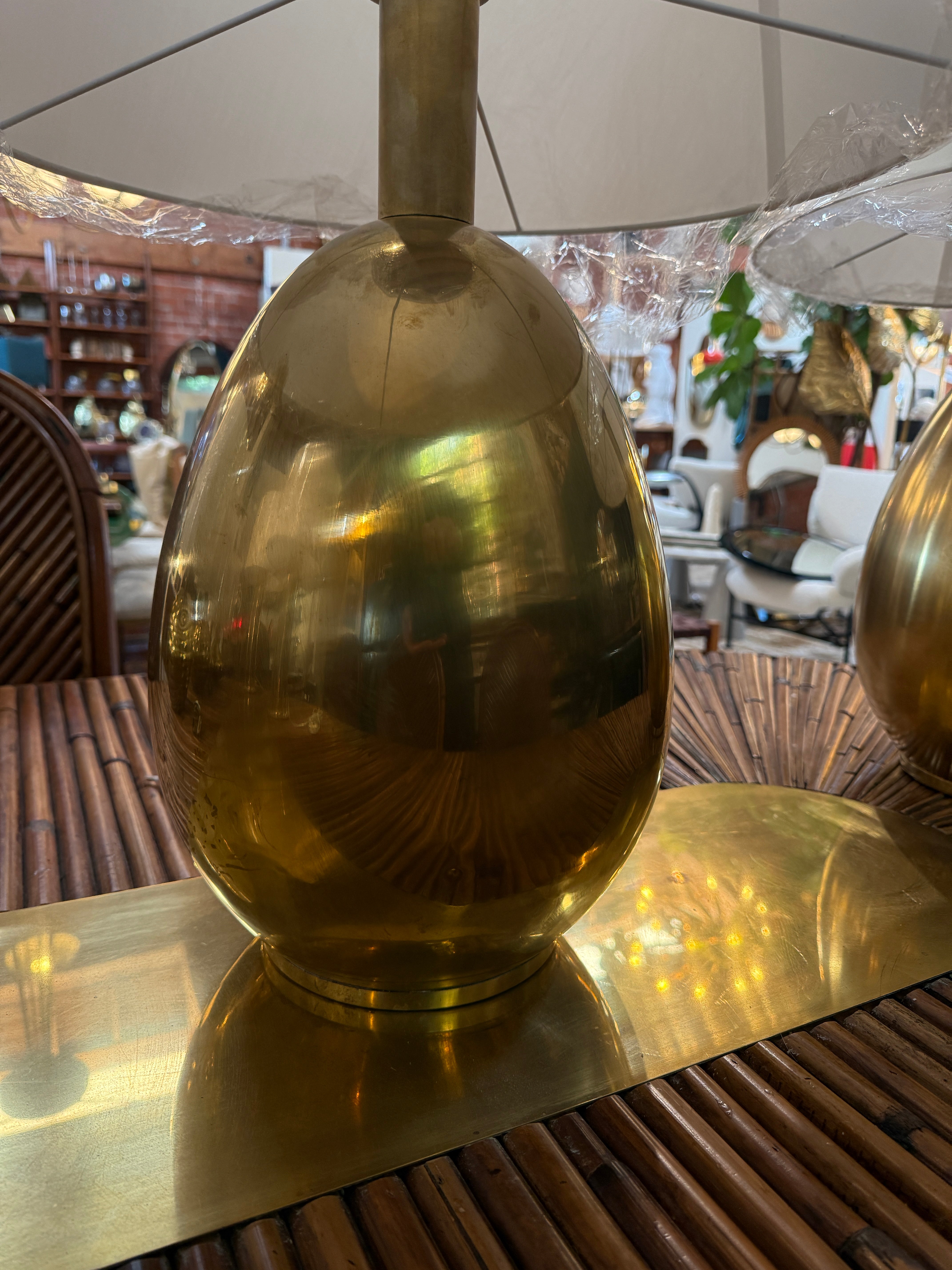 Pair of Brass Table Lamps with Cream Fabric Shades