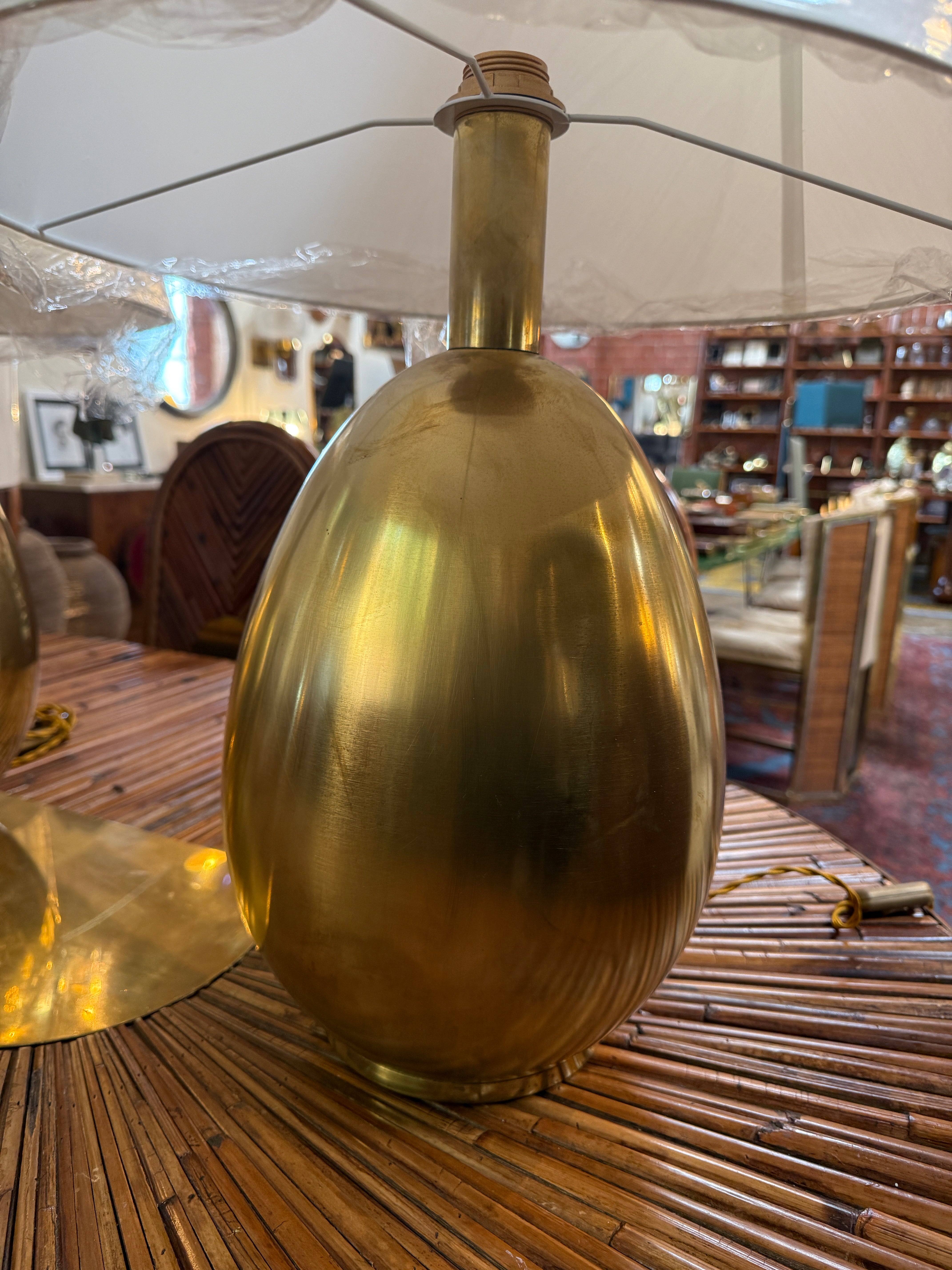 Pair of Brass Table Lamps with Cream Fabric Shades