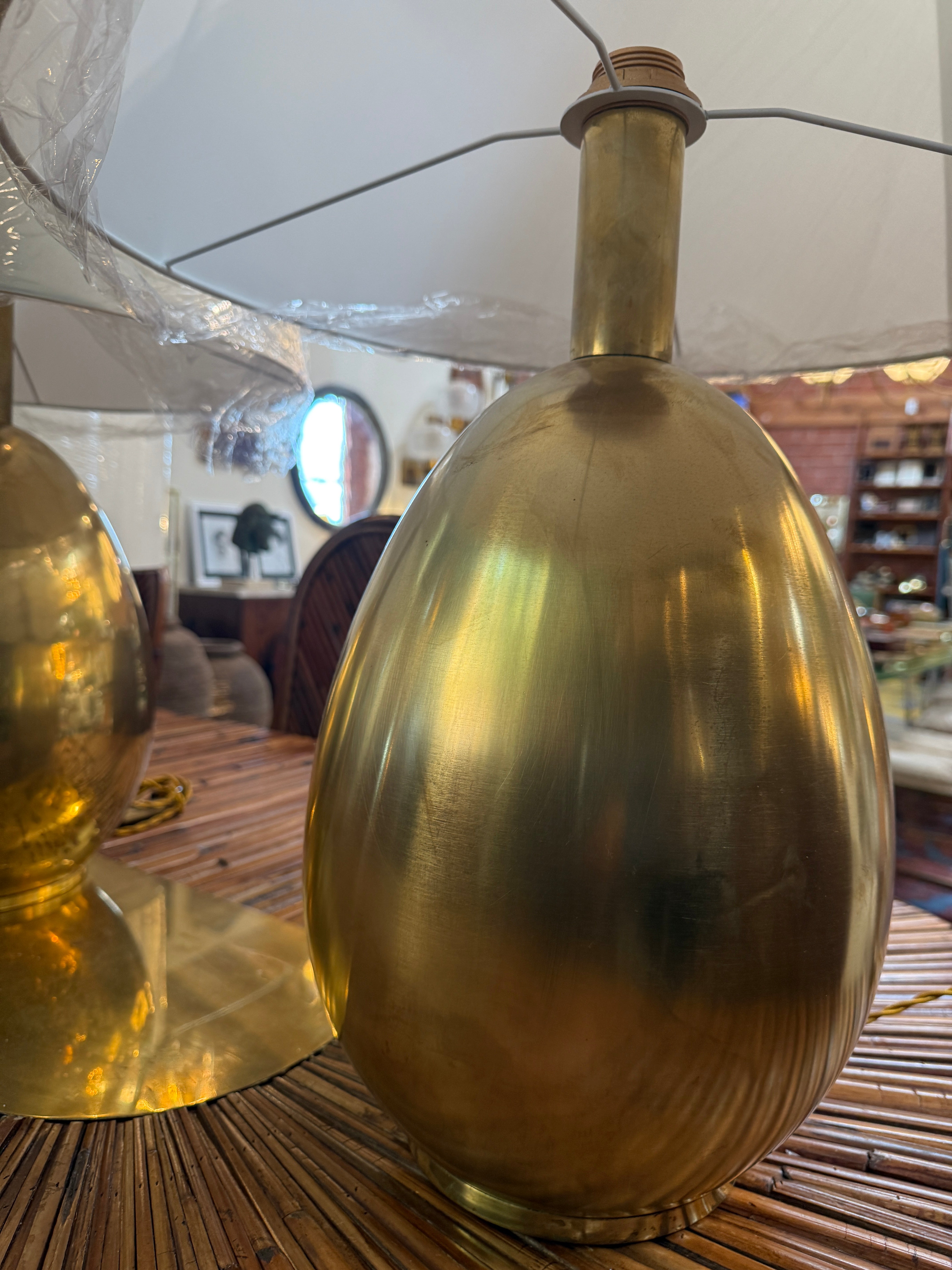 Pair of Brass Table Lamps with Cream Fabric Shades