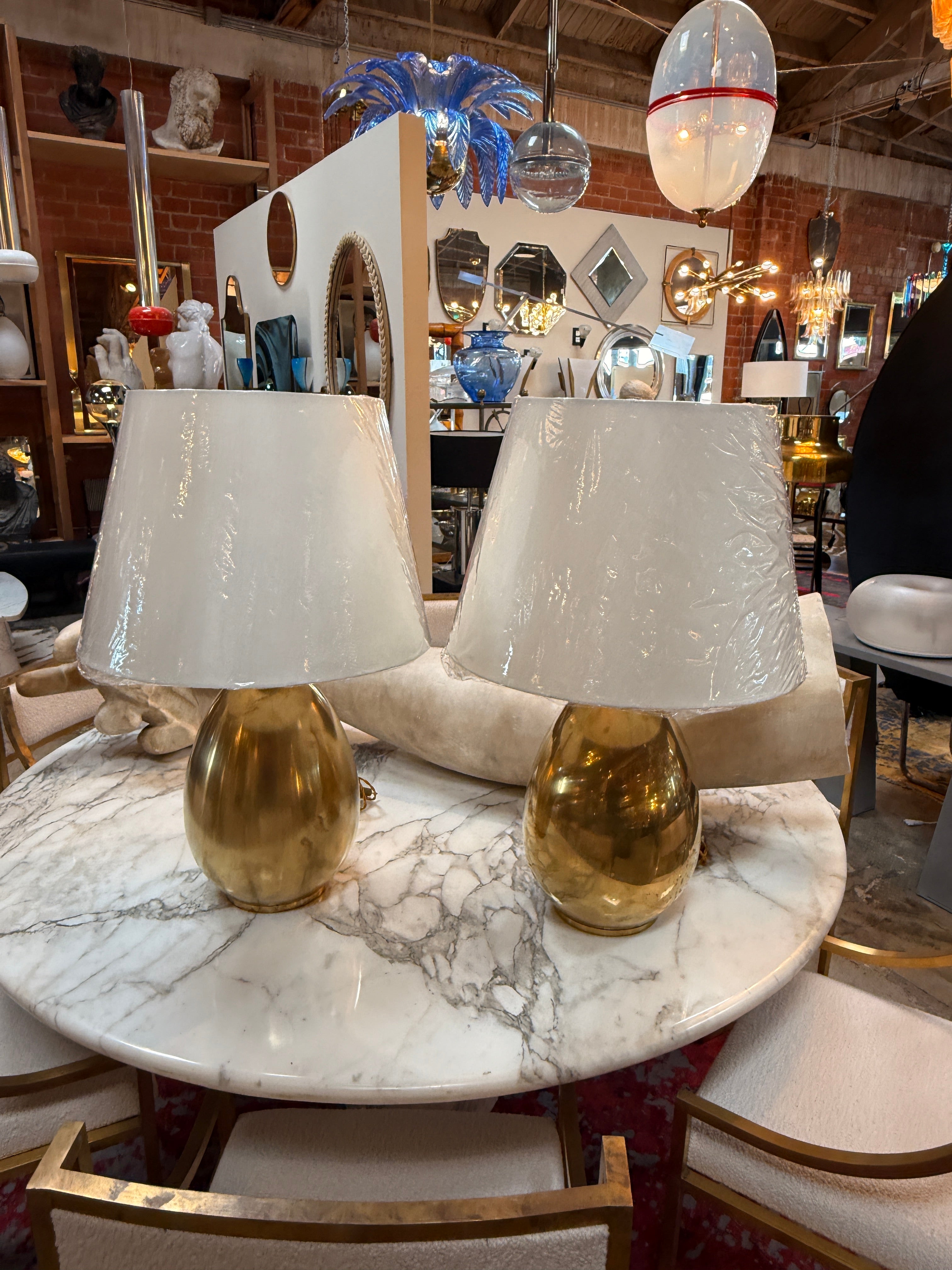 Pair of Brass Table Lamps with Cream Fabric Shades