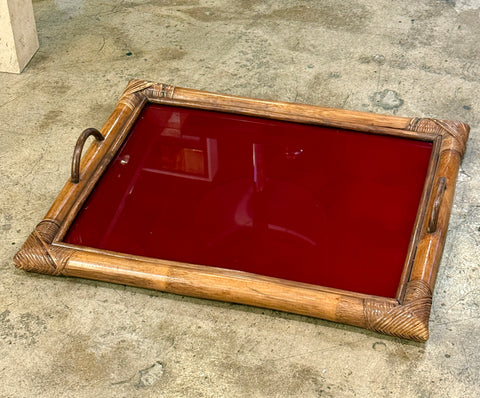 Bamboo Tray, Italy 70s, with burgundy top