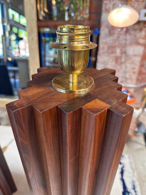 Pair of 2 Italian Mid Century Wood and Brass Table Lamps 1980s