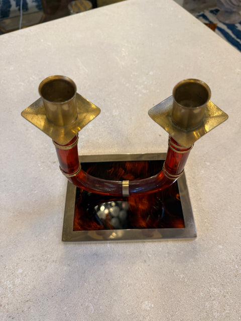 Italian Tortoiseshell Lucite and Brass Double Candlestick, 1970s
