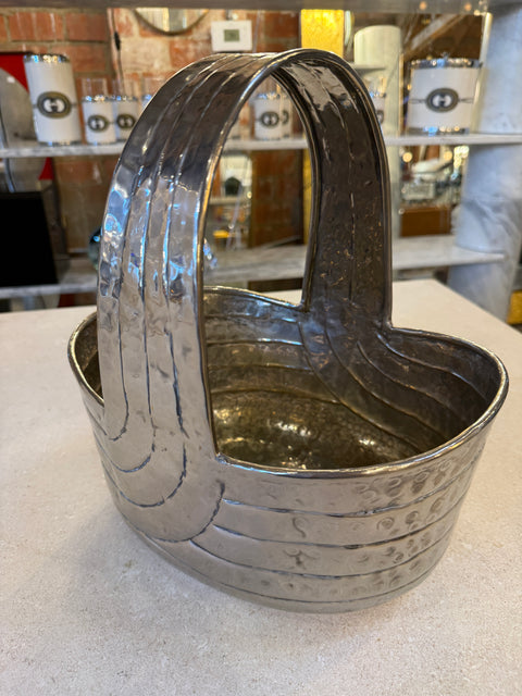 Italian Hammered Silver-Plated Basket with Sculptural Handle, 1970s