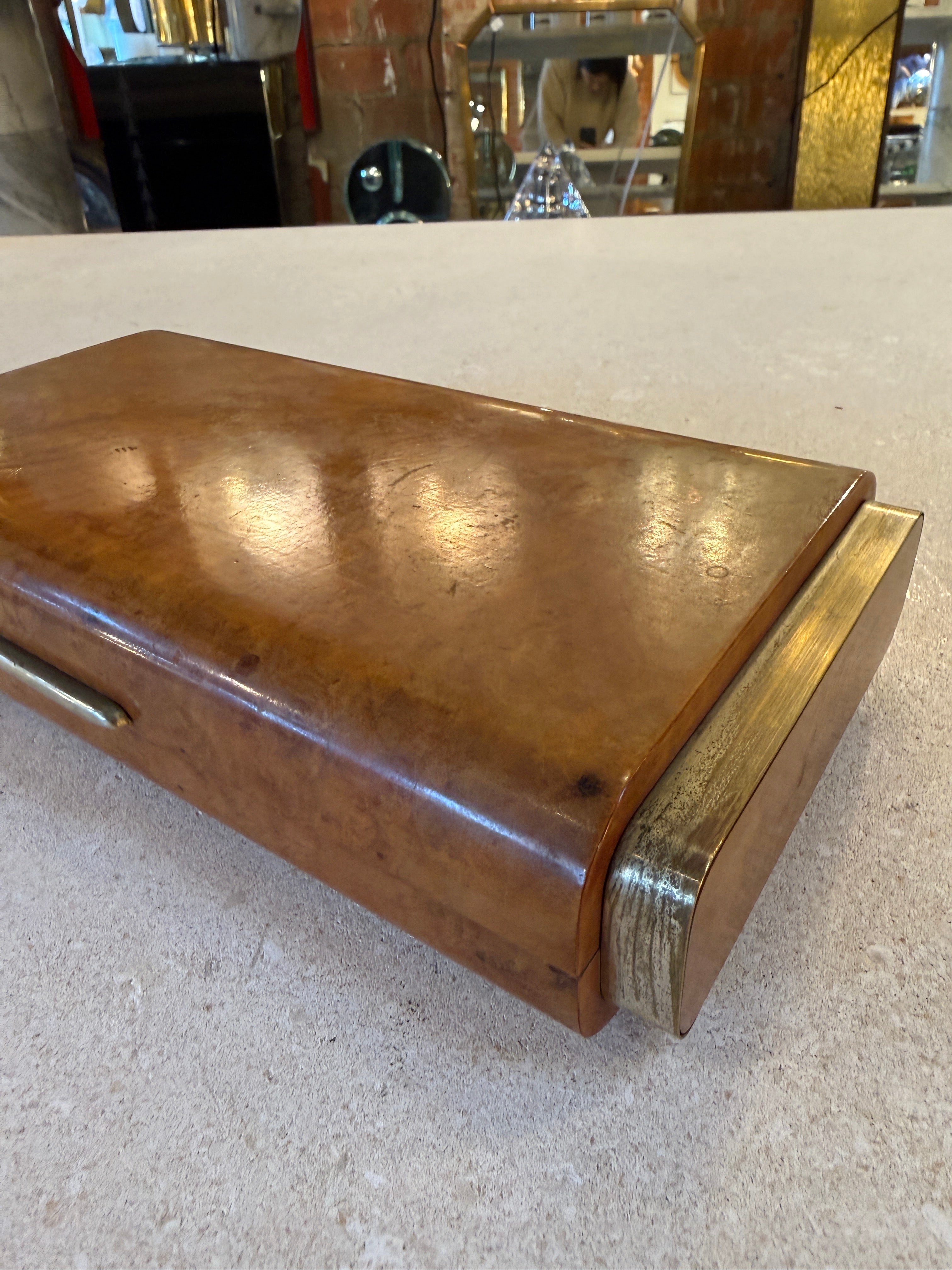Vintage Italian Burl Wood and Brass Desk Box, 1950s