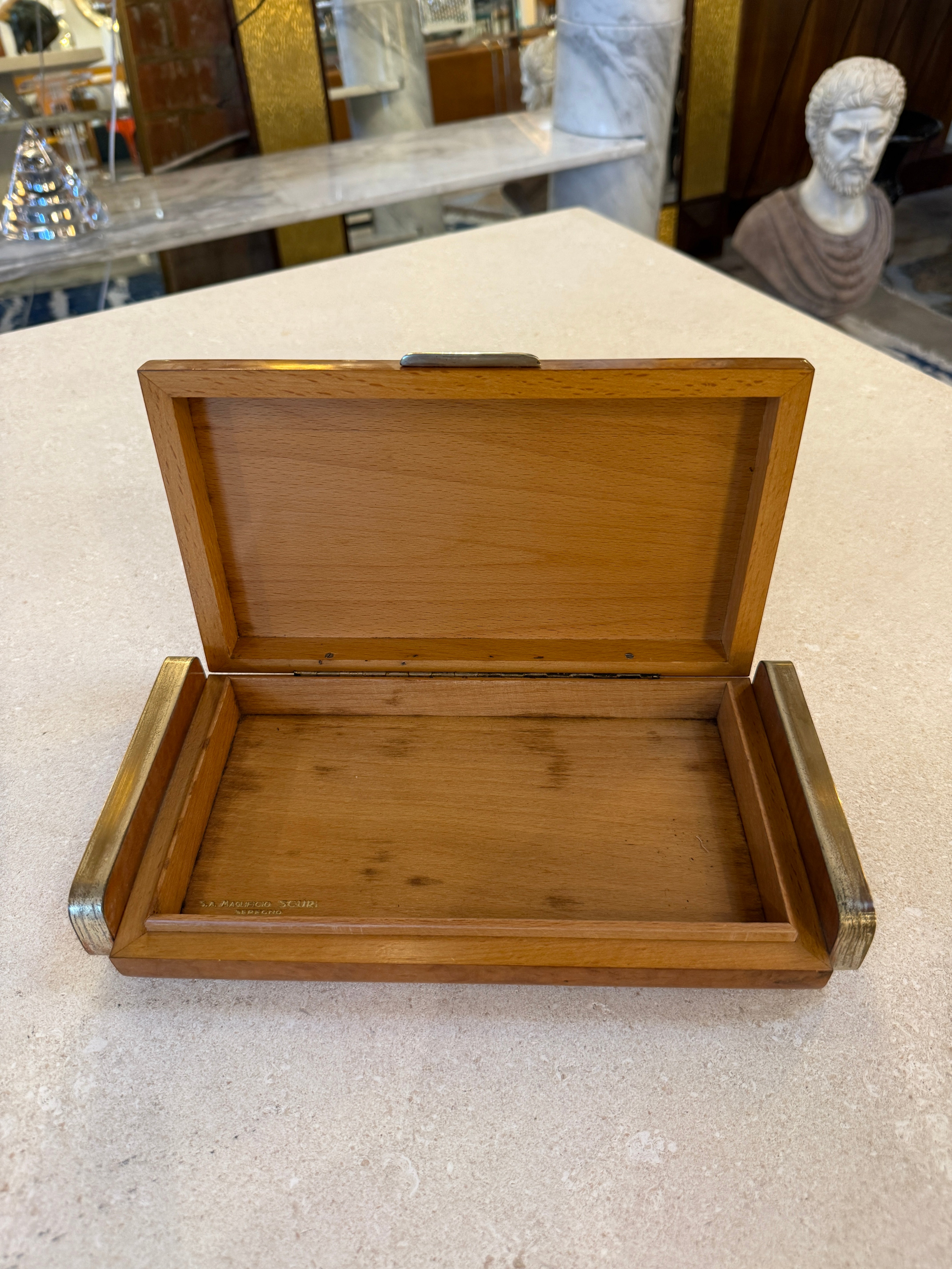 Vintage Italian Burl Wood and Brass Desk Box, 1950s