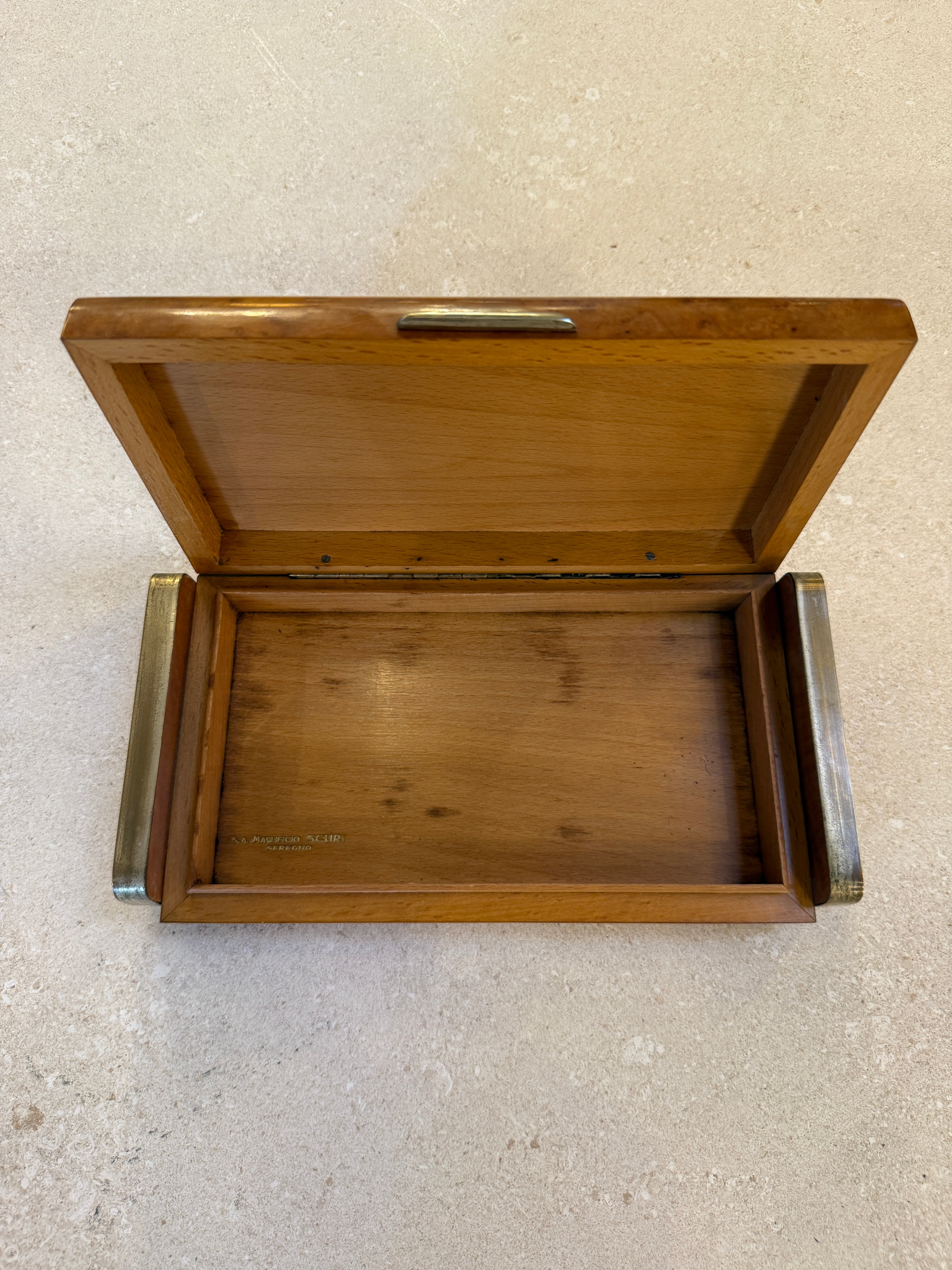 Vintage Italian Burl Wood and Brass Desk Box, 1950s