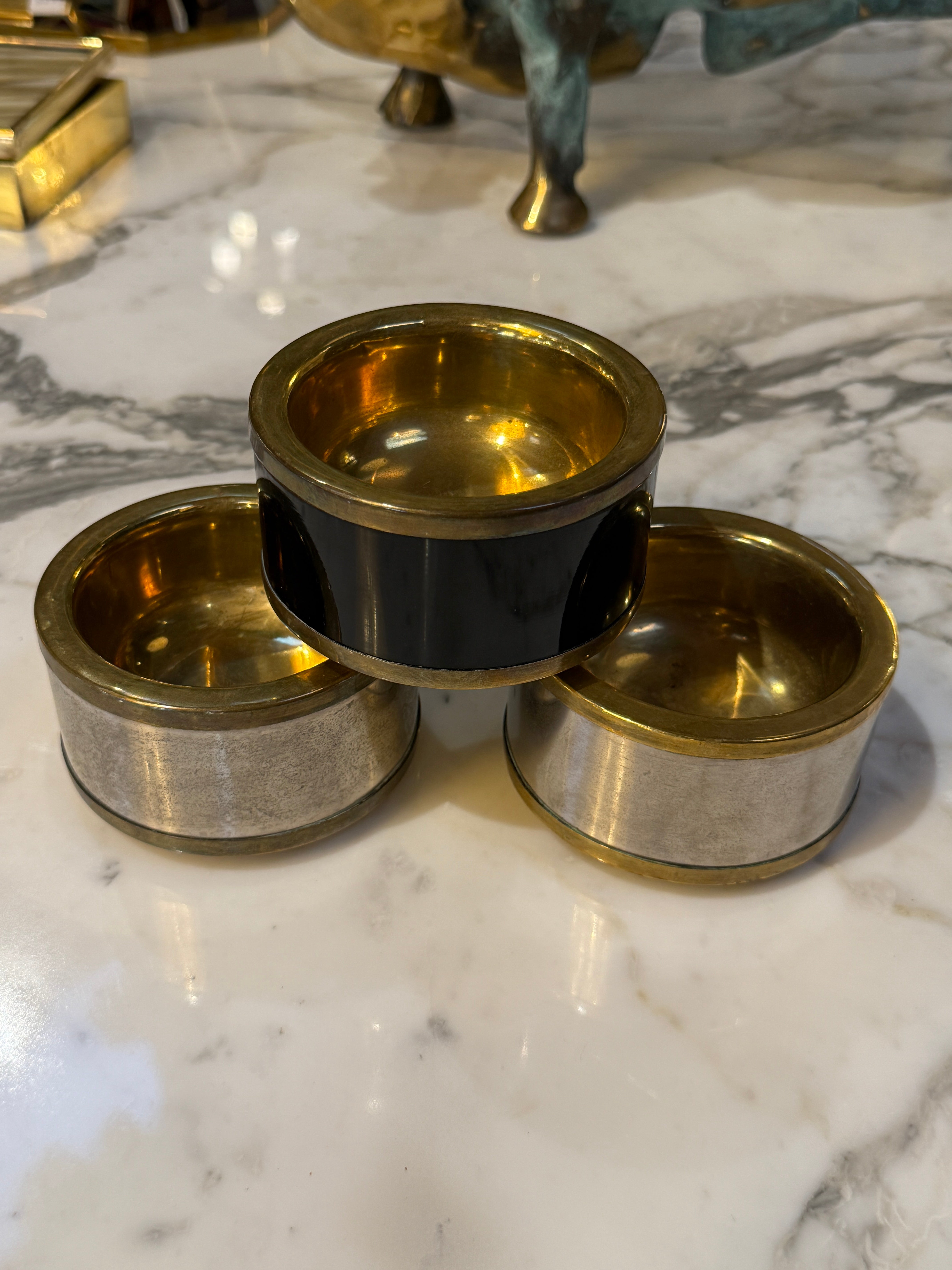 Set of Three Vintage Italian Brass and Black Lacquer Salt Cellars, 1970s