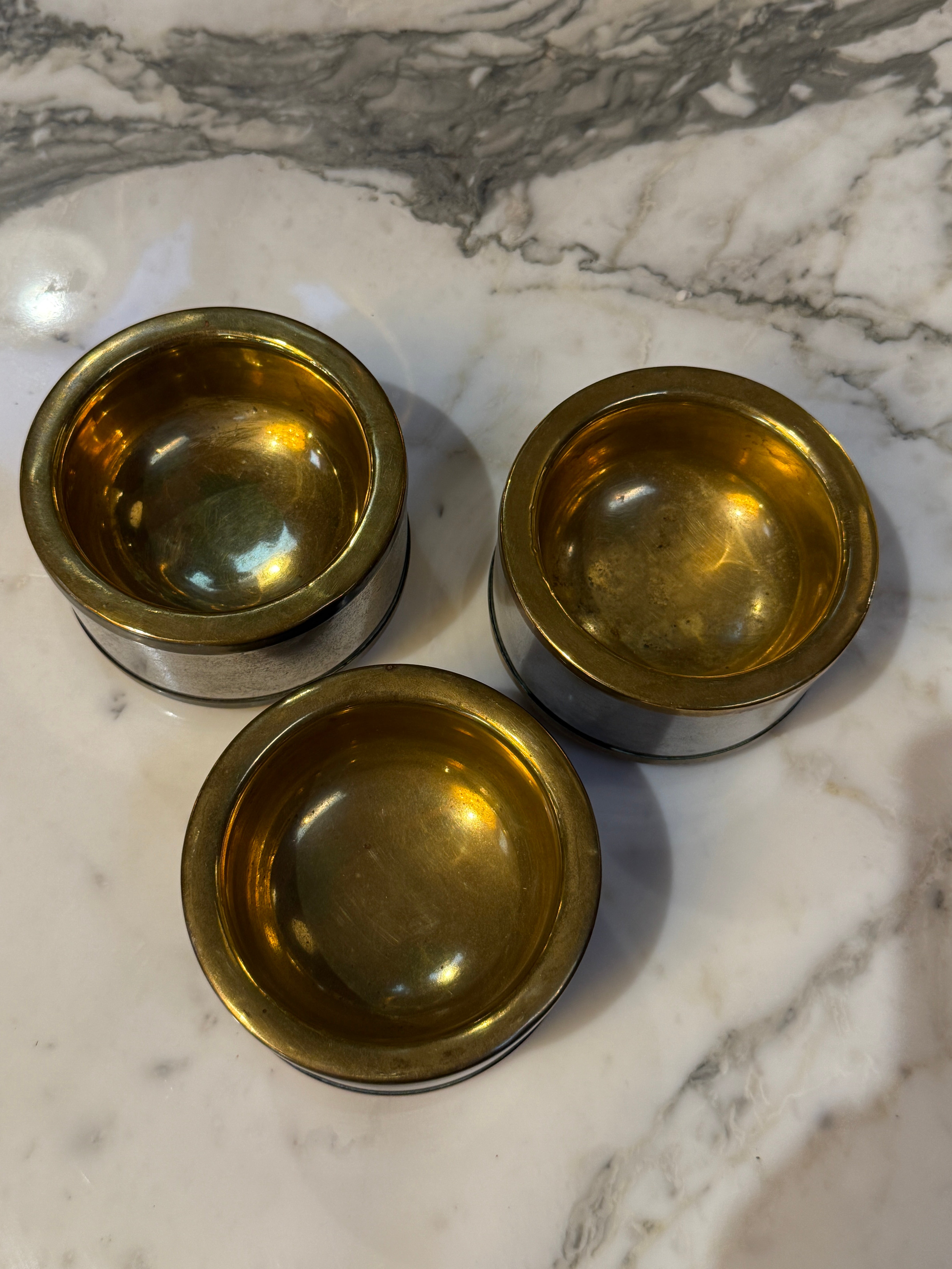 Set of Three Vintage Italian Brass and Black Lacquer Salt Cellars, 1970s