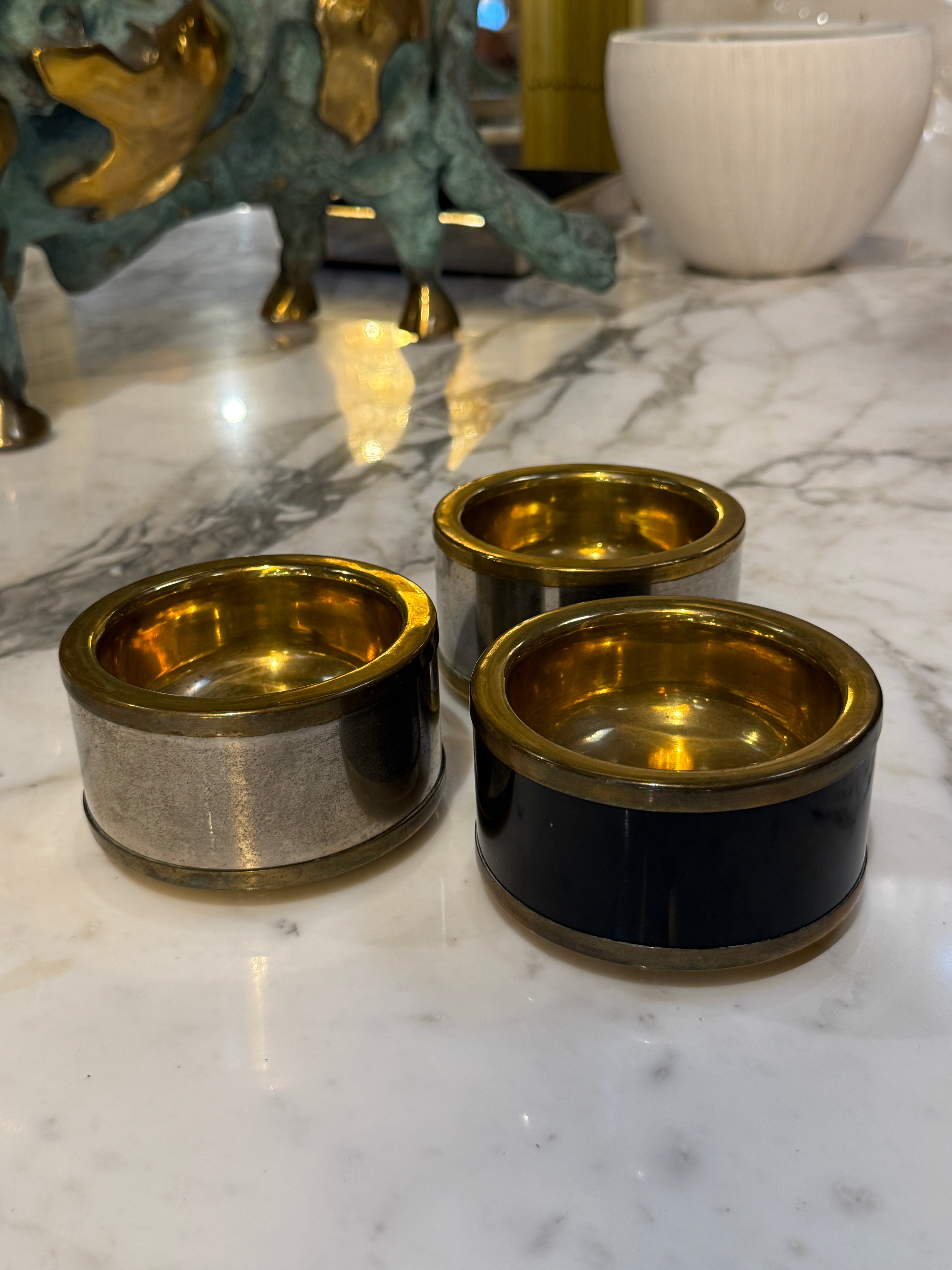 Set of Three Vintage Italian Brass and Black Lacquer Salt Cellars, 1970s