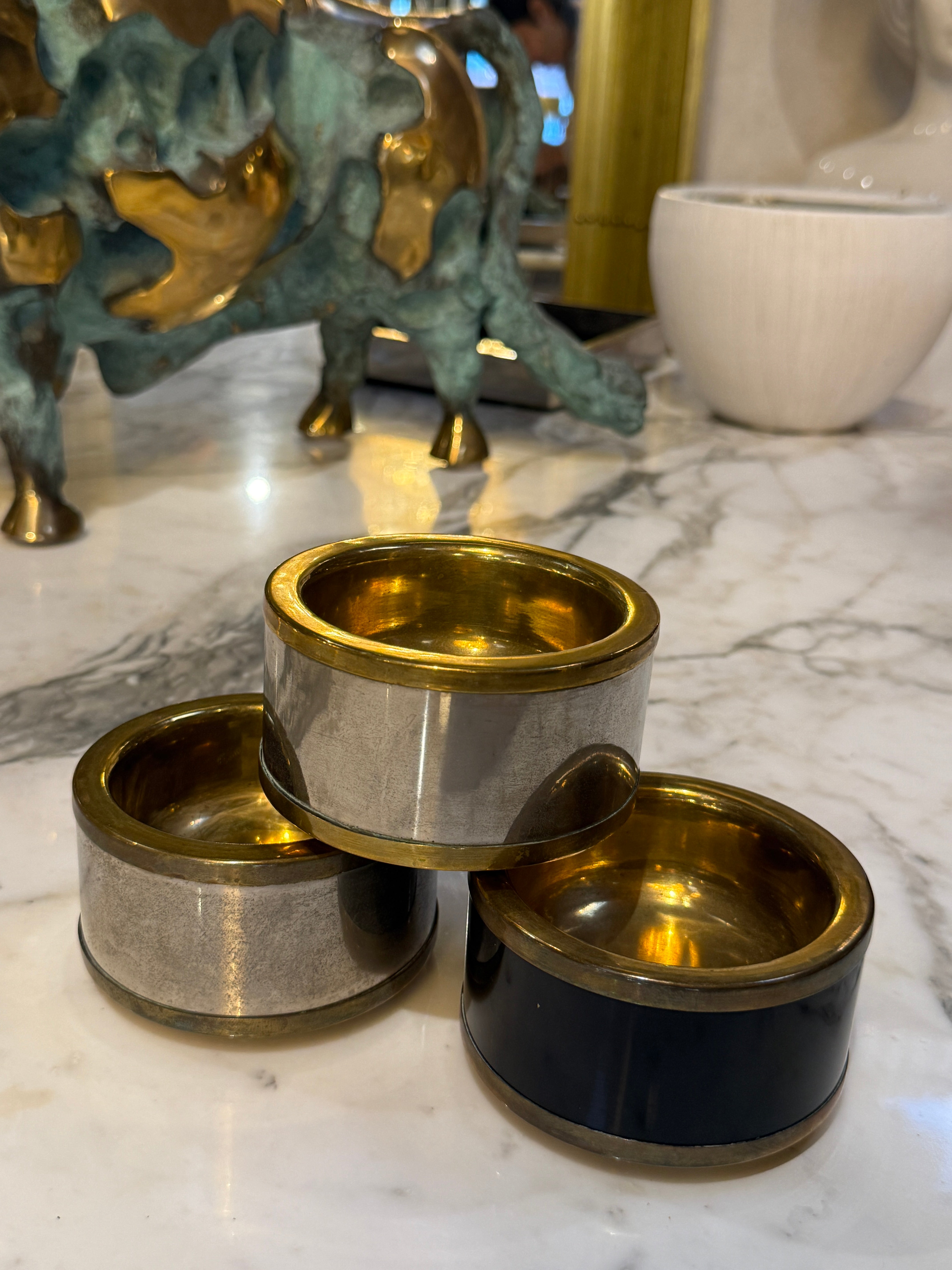 Set of Three Vintage Italian Brass and Black Lacquer Salt Cellars, 1970s