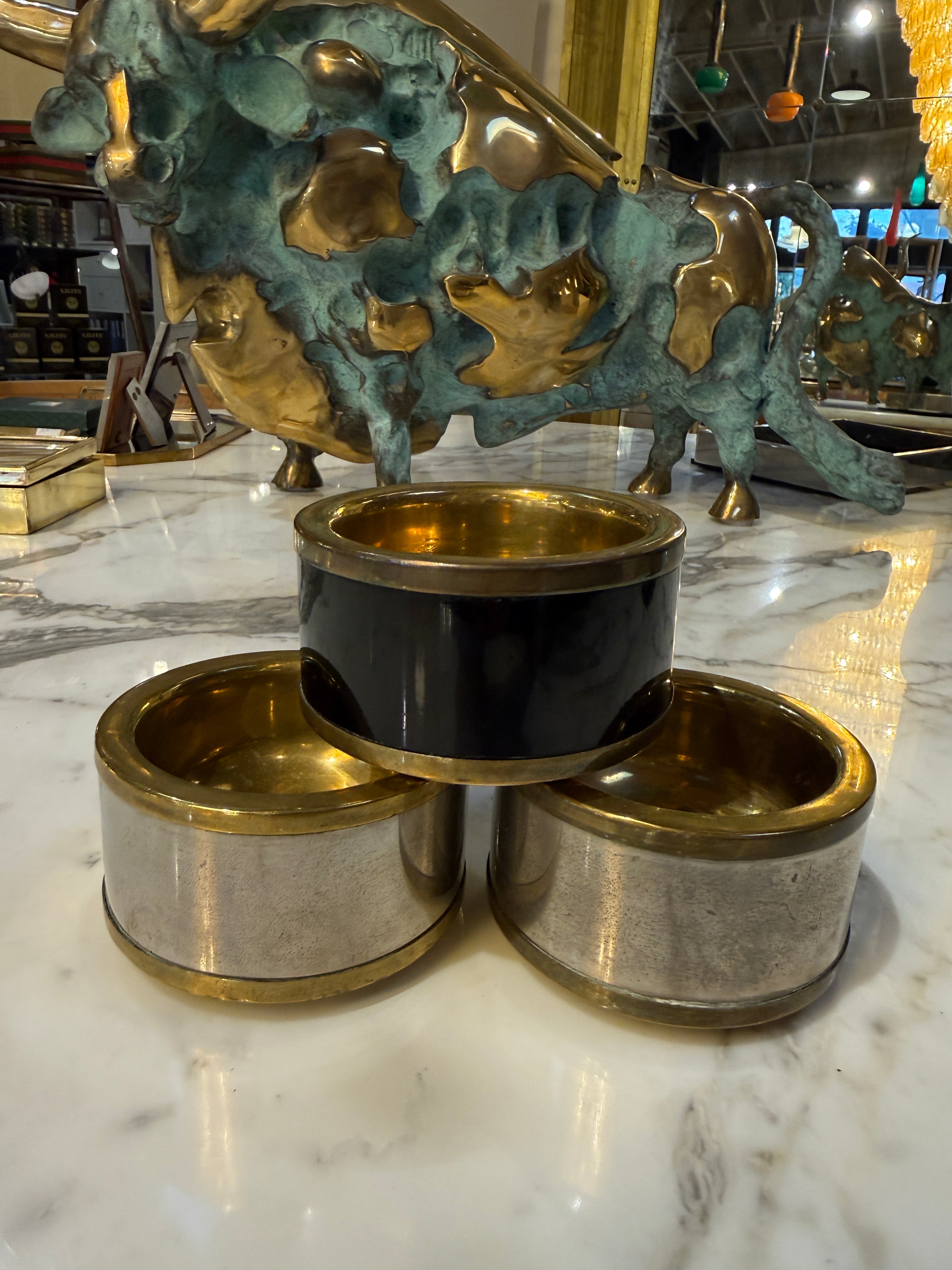 Set of Three Vintage Italian Brass and Black Lacquer Salt Cellars, 1970s