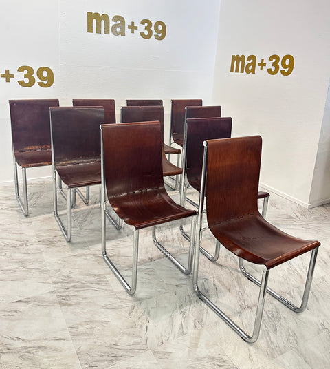 Set of 10 Mid Century Italian Leather and Chrome Dining Chairs 1980s