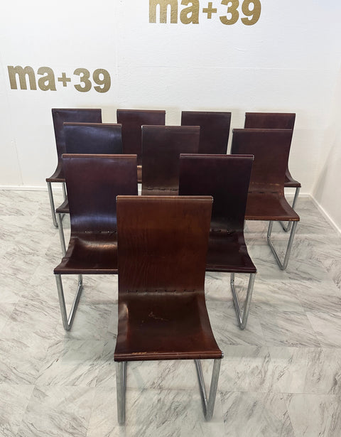 Set of 10 Mid Century Italian Leather and Chrome Dining Chairs 1980s