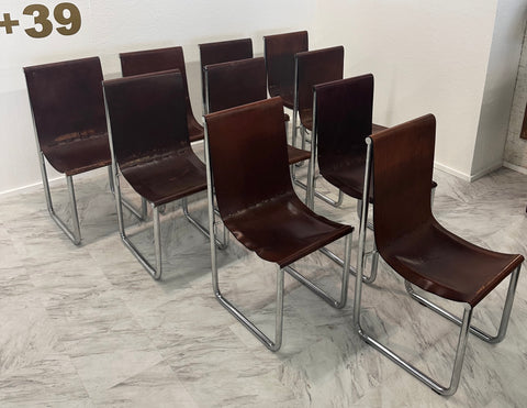 Set of 10 Mid Century Italian Leather and Chrome Dining Chairs 1980s