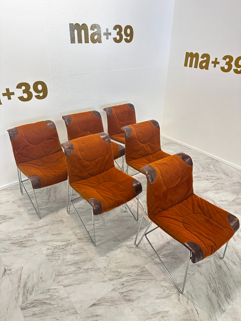 Set of 6 Mid-Century Modern Italian Orange Chairs by Guido Faleschini 1970s