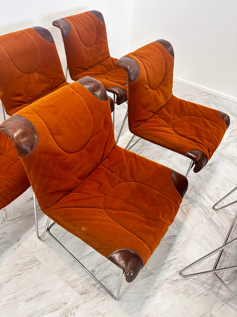 Set of 6 Mid-Century Modern Italian Orange Chairs by Guido Faleschini 1970s