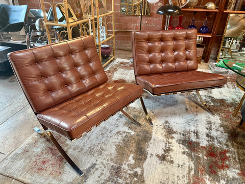 Pair of Brown Leather Barcelona Chairs by Mies Van Der Rohe for Knoll SIGNED