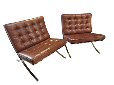 Pair of Brown Leather Barcelona Chairs by Mies Van Der Rohe for Knoll SIGNED