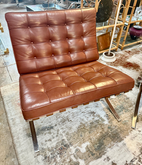 Pair of Brown Leather Barcelona Chairs by Mies Van Der Rohe for Knoll SIGNED