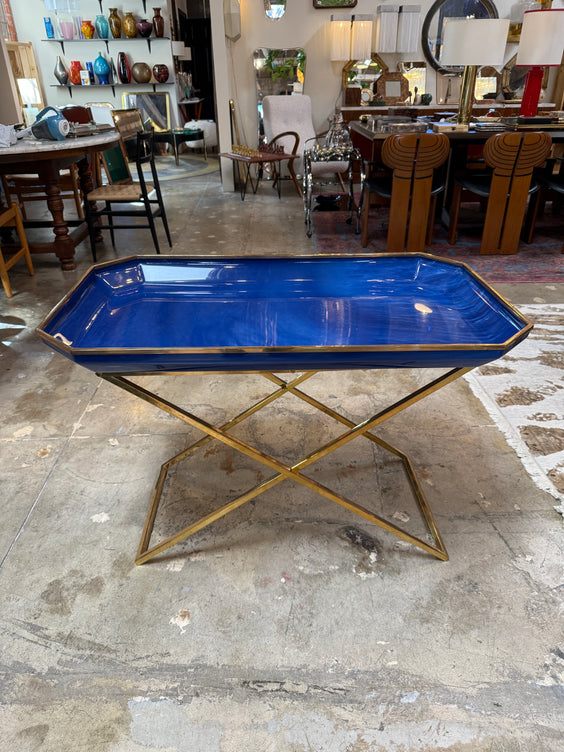 Vintage Folding Tray Table with Blue Enamel Tray and Brass Base, 1970s