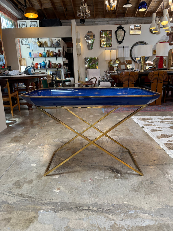Vintage Folding Tray Table with Blue Enamel Tray and Brass Base, 1970s