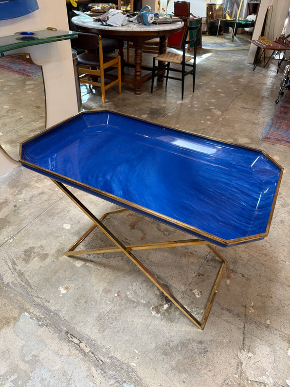 Vintage Folding Tray Table with Blue Enamel Tray and Brass Base, 1970s