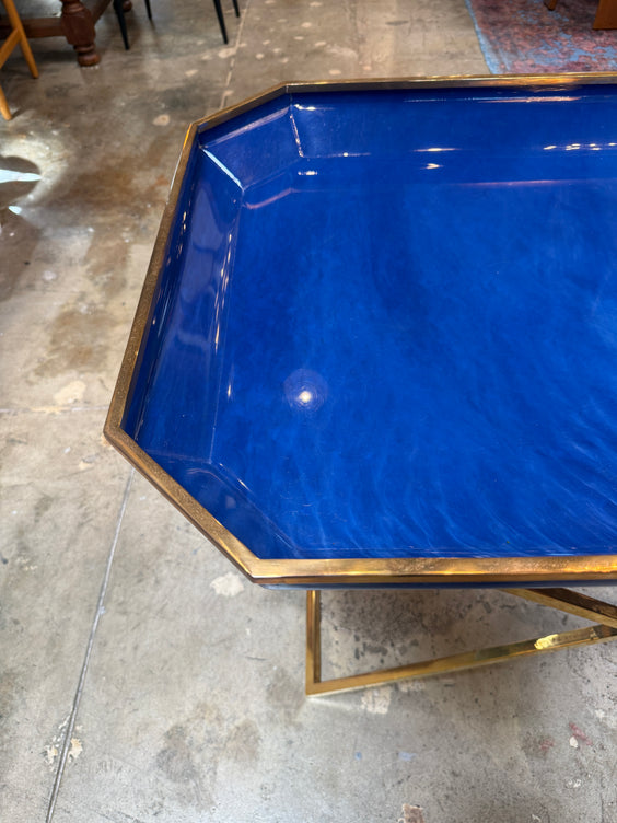 Vintage Folding Tray Table with Blue Enamel Tray and Brass Base, 1970s