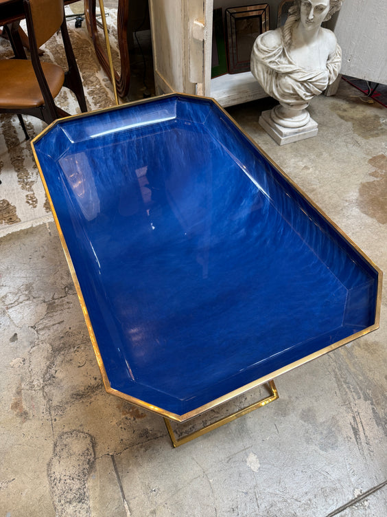 Vintage Folding Tray Table with Blue Enamel Tray and Brass Base, 1970s