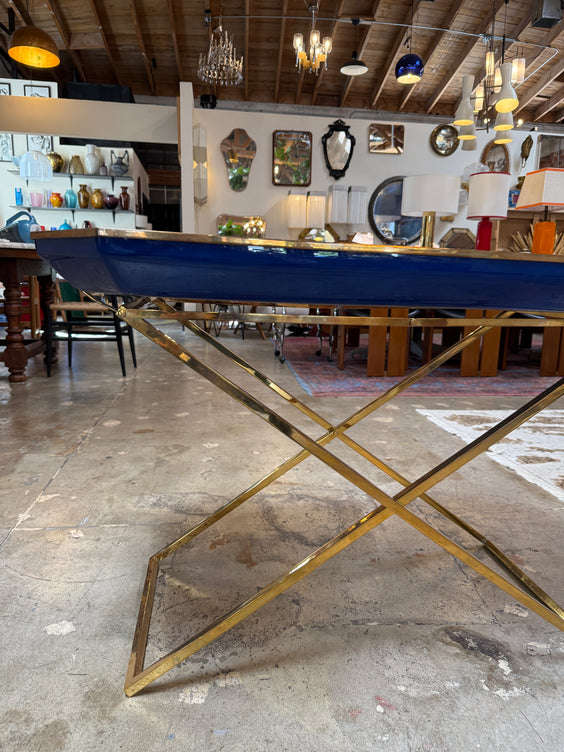 Vintage Folding Tray Table with Blue Enamel Tray and Brass Base, 1970s