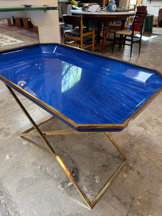 Vintage Folding Tray Table with Blue Enamel Tray and Brass Base, 1970s
