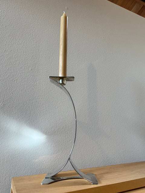 Mid-Century Sculptural Chrome Candlestick with Curved Stem and Architectural Base