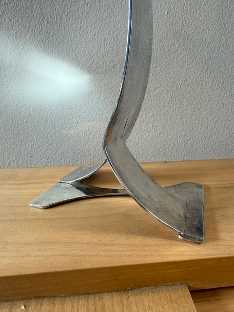 Mid-Century Sculptural Chrome Candlestick with Curved Stem and Architectural Base