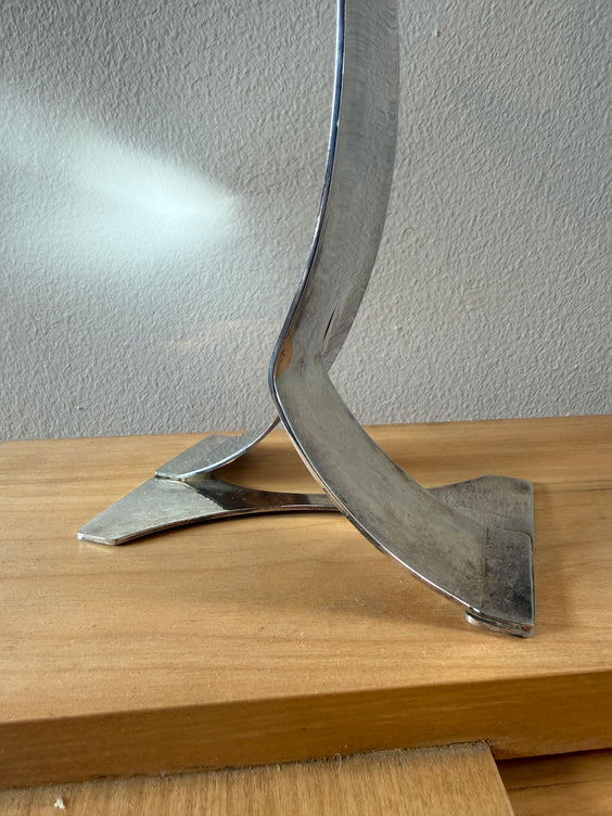 Mid-Century Sculptural Chrome Candlestick with Curved Stem and Architectural Base