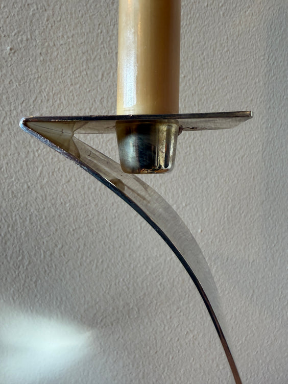 Mid-Century Sculptural Chrome Candlestick with Curved Stem and Architectural Base