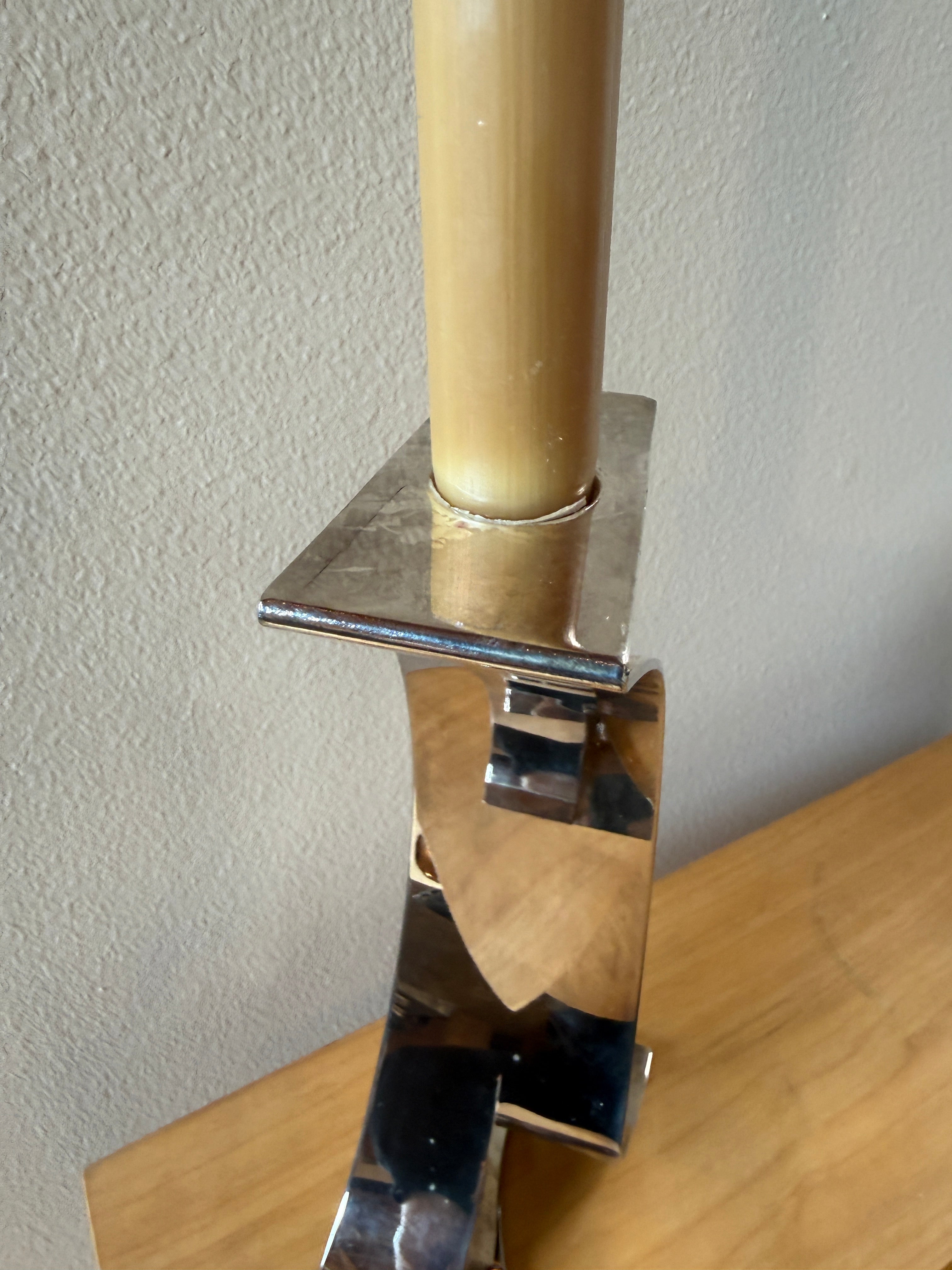 Mid-Century Sculptural Chrome Candlestick with Curved Stem and Architectural Base