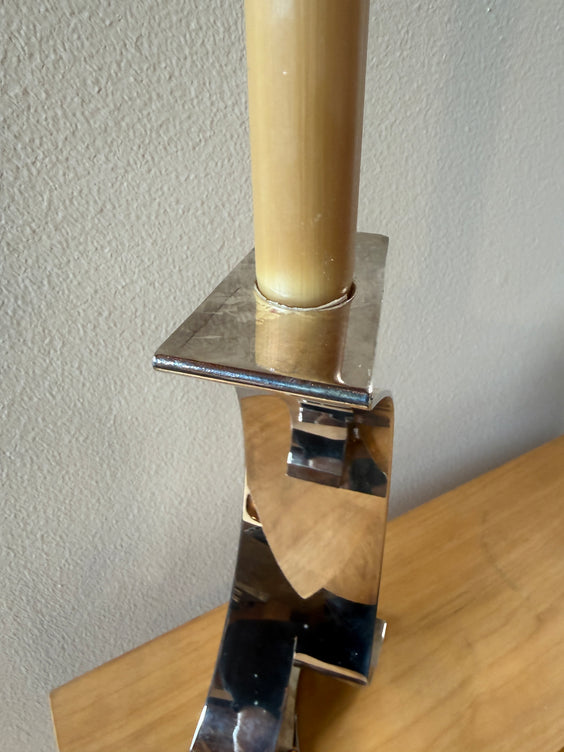 Mid-Century Sculptural Chrome Candlestick with Curved Stem and Architectural Base