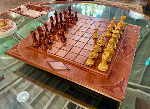Leather Chess Set with Carved Wooden Pieces, Italy, 1960s–1970s