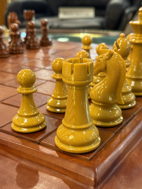 Leather Chess Set with Carved Wooden Pieces, Italy, 1960s–1970s