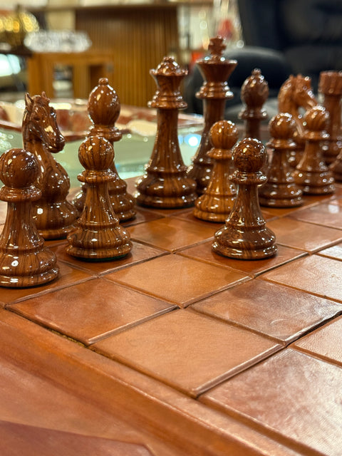 Leather Chess Set with Carved Wooden Pieces, Italy, 1960s–1970s