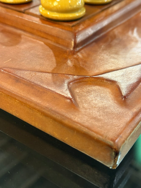 Leather Chess Set with Carved Wooden Pieces, Italy, 1960s–1970s