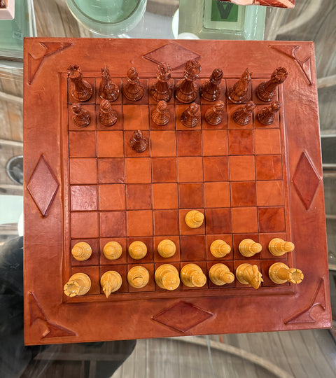 Leather Chess Set with Carved Wooden Pieces, Italy, 1960s–1970s
