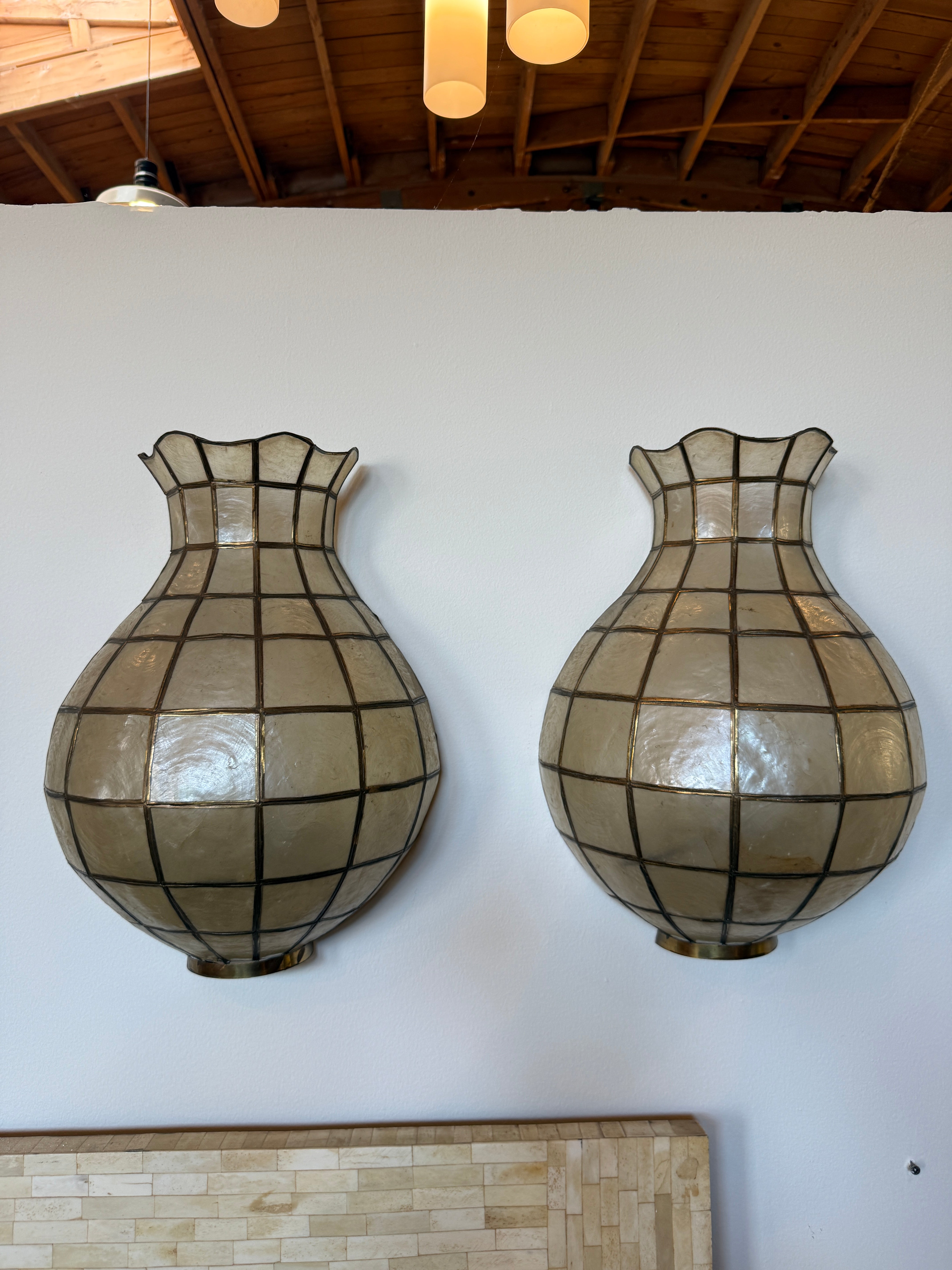 Pair of Capiz Shell and Brass Wall Sconces Large, 1970s