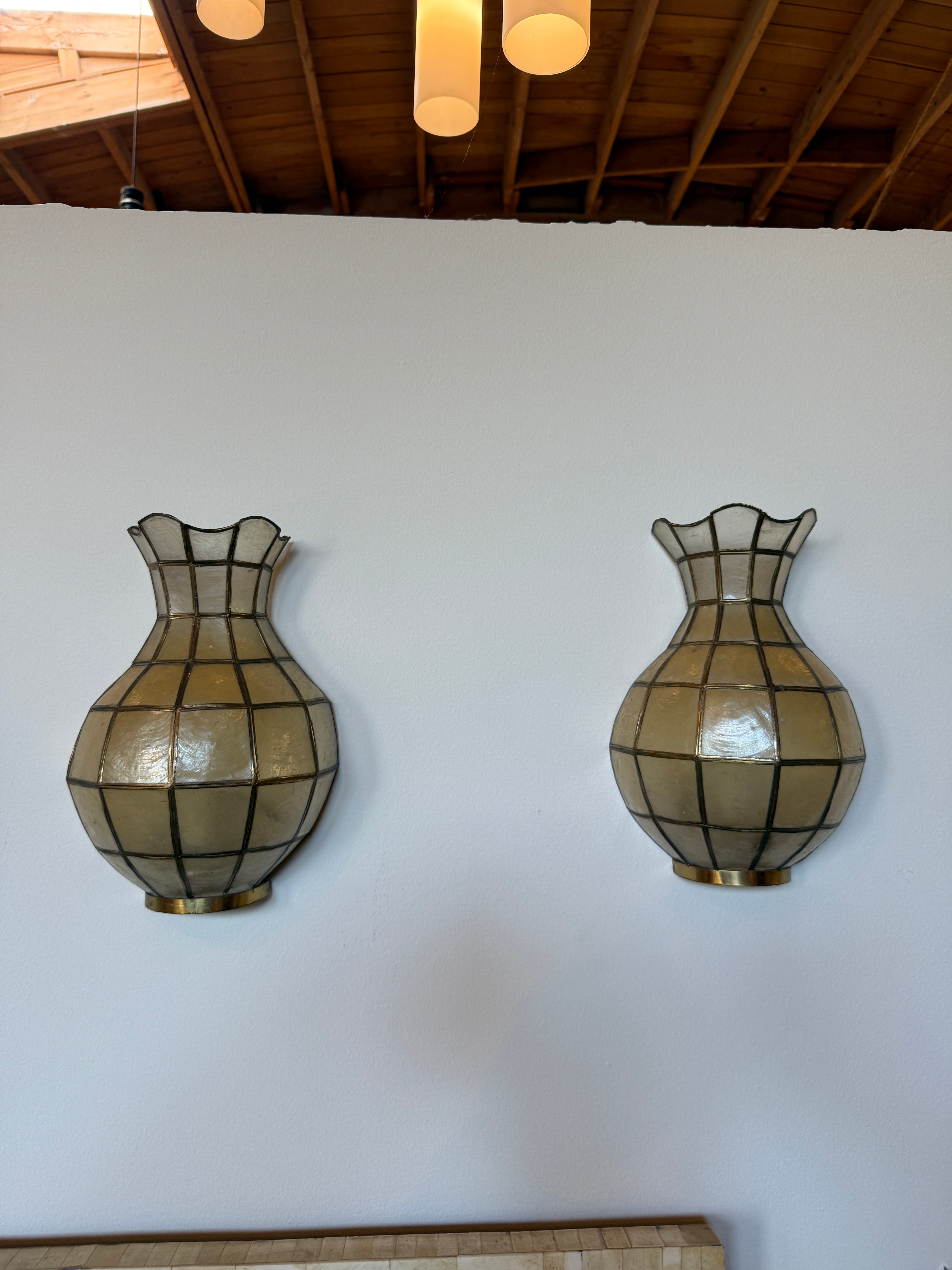 Pair of Capiz Shell and Brass Wall Sconces Small, 1970s