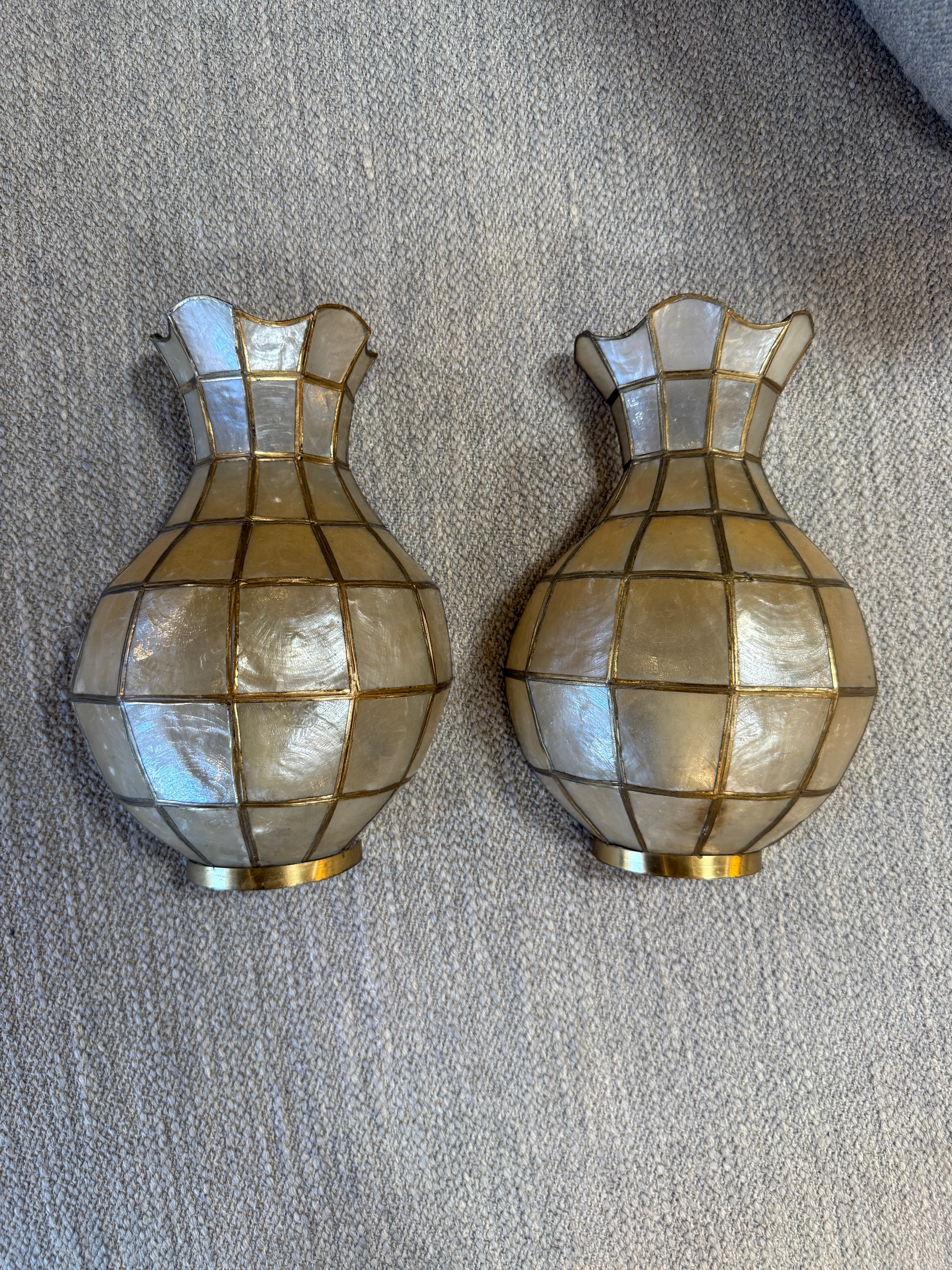 Pair of Capiz Shell and Brass Wall Sconces Small, 1970s