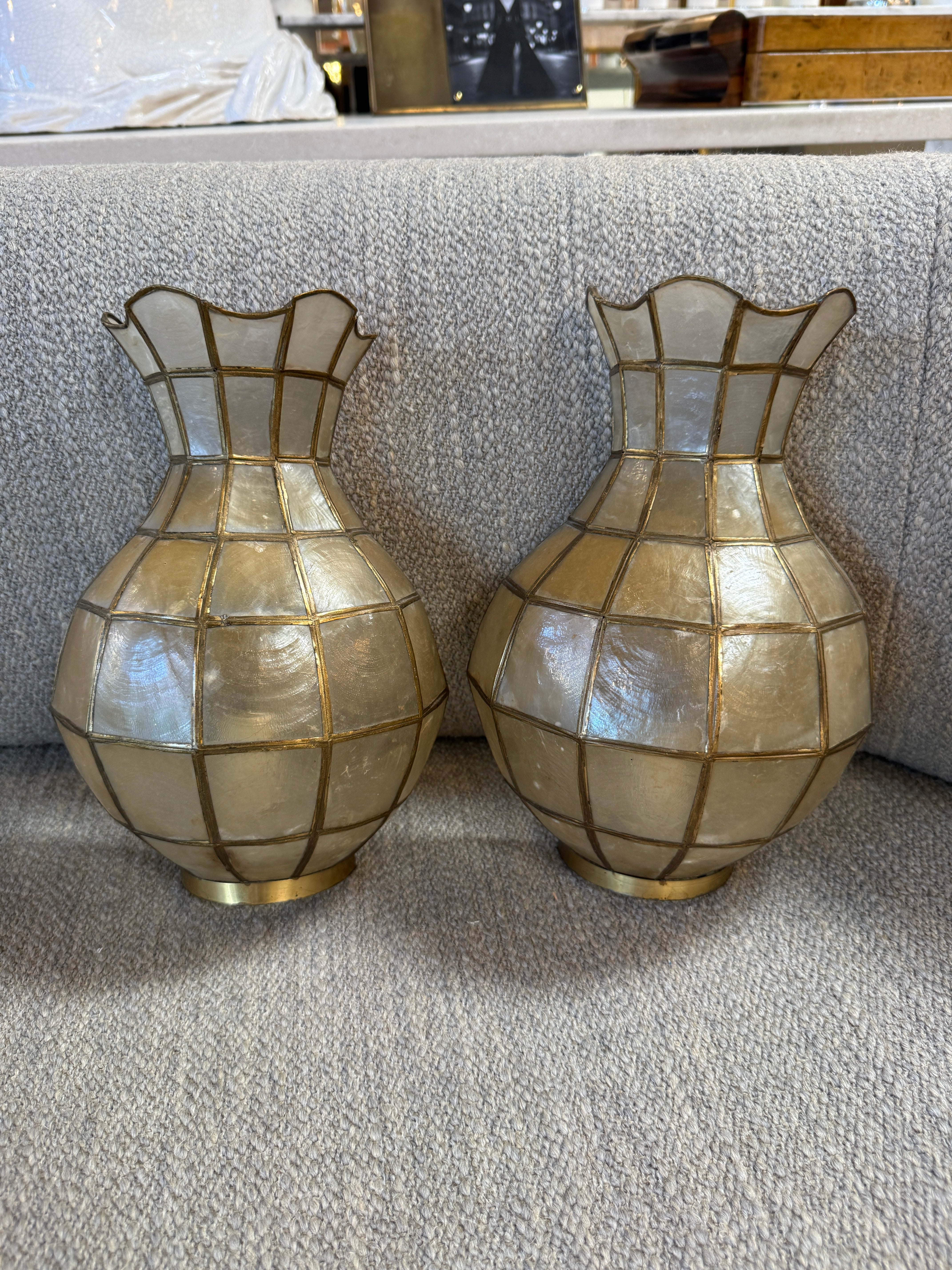 Pair of Capiz Shell and Brass Wall Sconces Small, 1970s